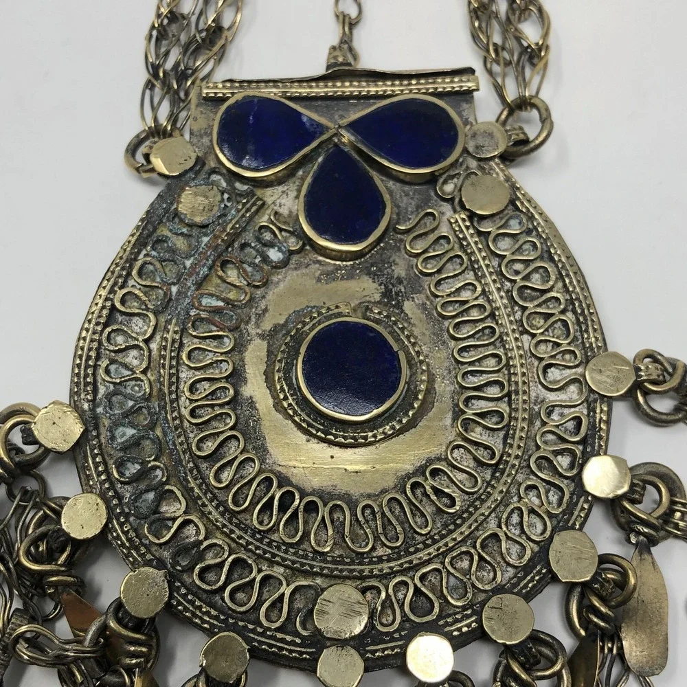 Tribal Amulet Pendant Box Jacket Closure Silver Brass Tone Blue Stone‎